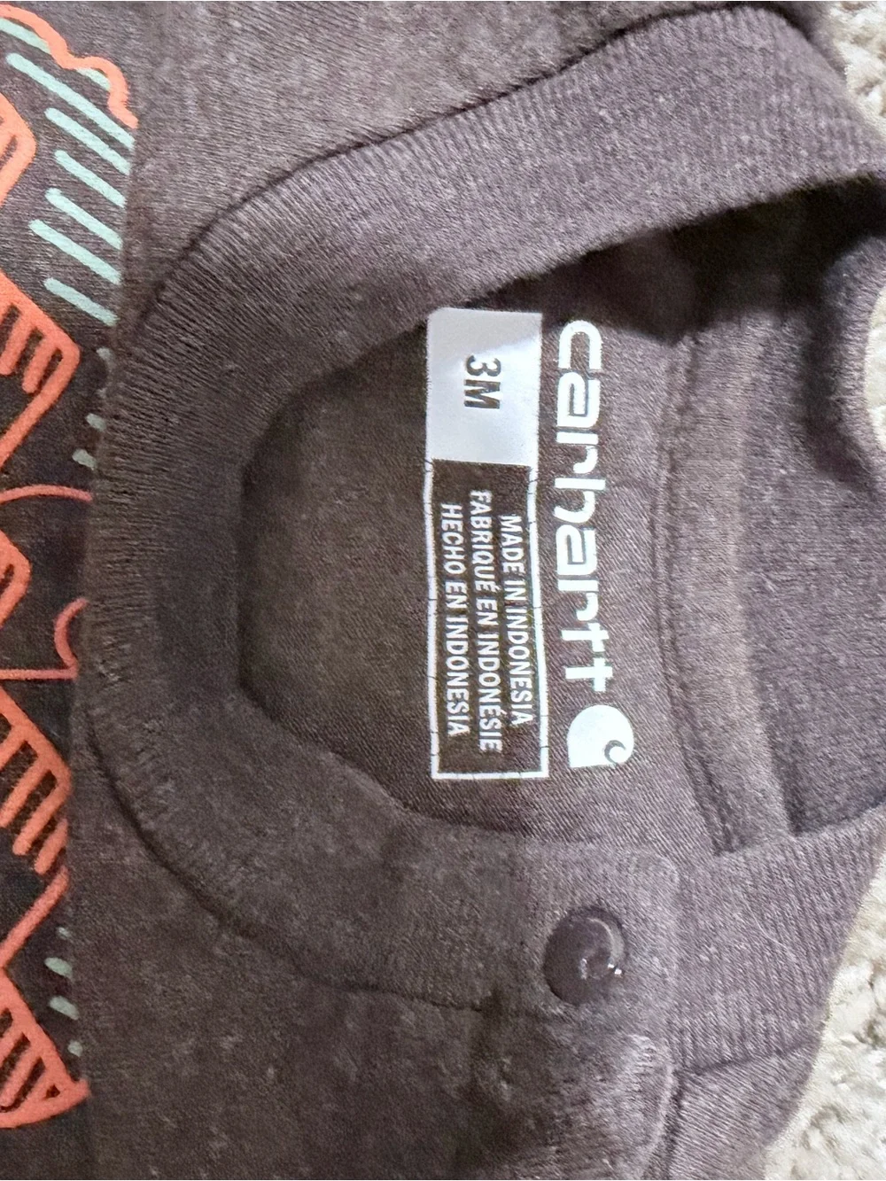 Carhartt Brown Baby Graphic Onesie with Orange and Teal Accents